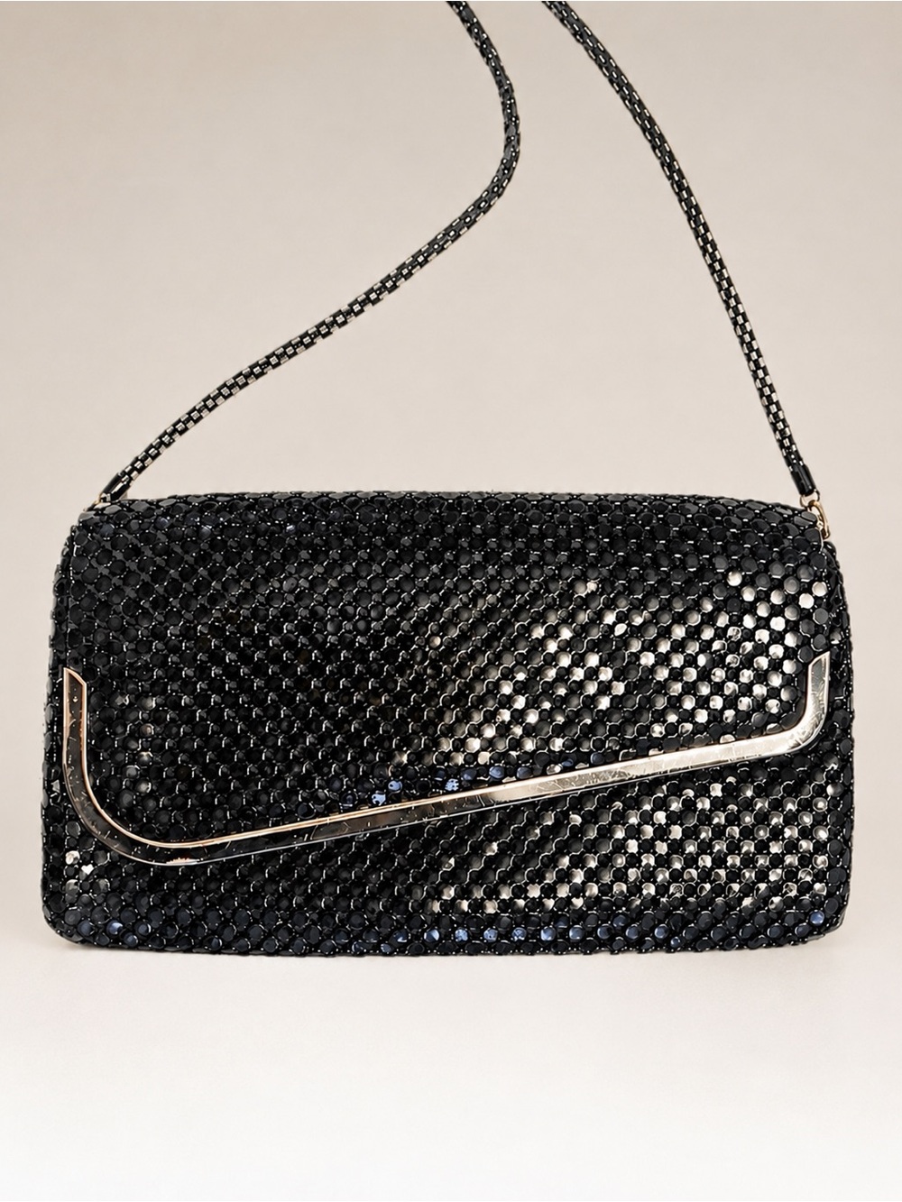 VTG Black Metal Sequin Mesh Clutch w Metallic Flap Trim & Removable Mesh Strap - Picture 4 of 16